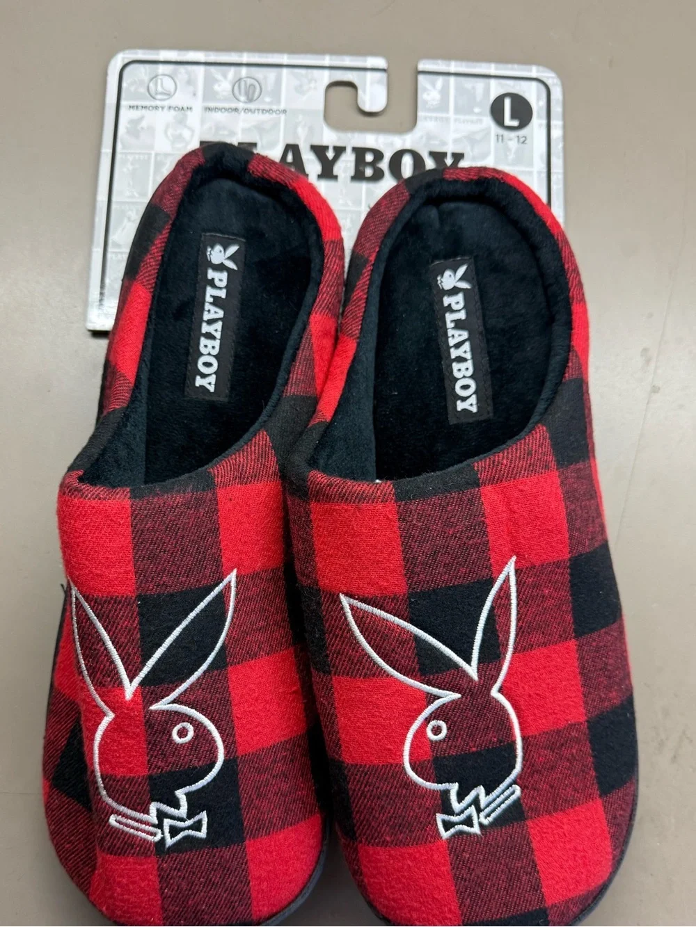 New w/Tag Playboy Red Plaid Fur Slippers Bunny Logo Memory Foam Size Large 11-12